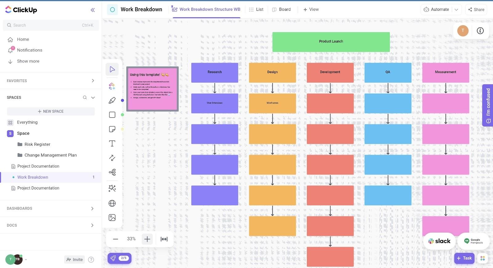 Break down the scope of a project into small deliverables, and easily track deliverables for each stage, and phase of the team involved in ClickUp Whiteboards