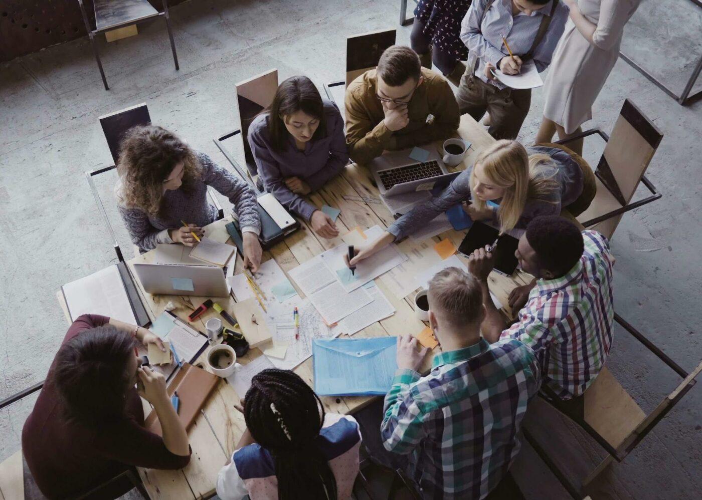 A team working together at the same table