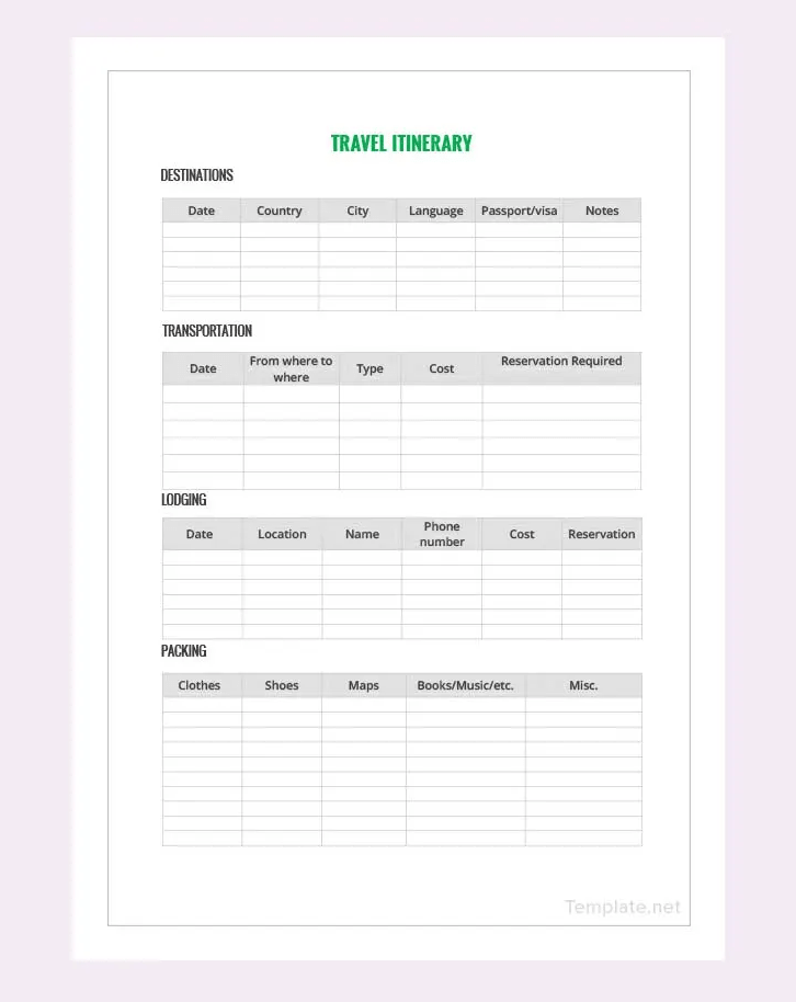 Google Sheets Travel Itinerary Template Prntbl 