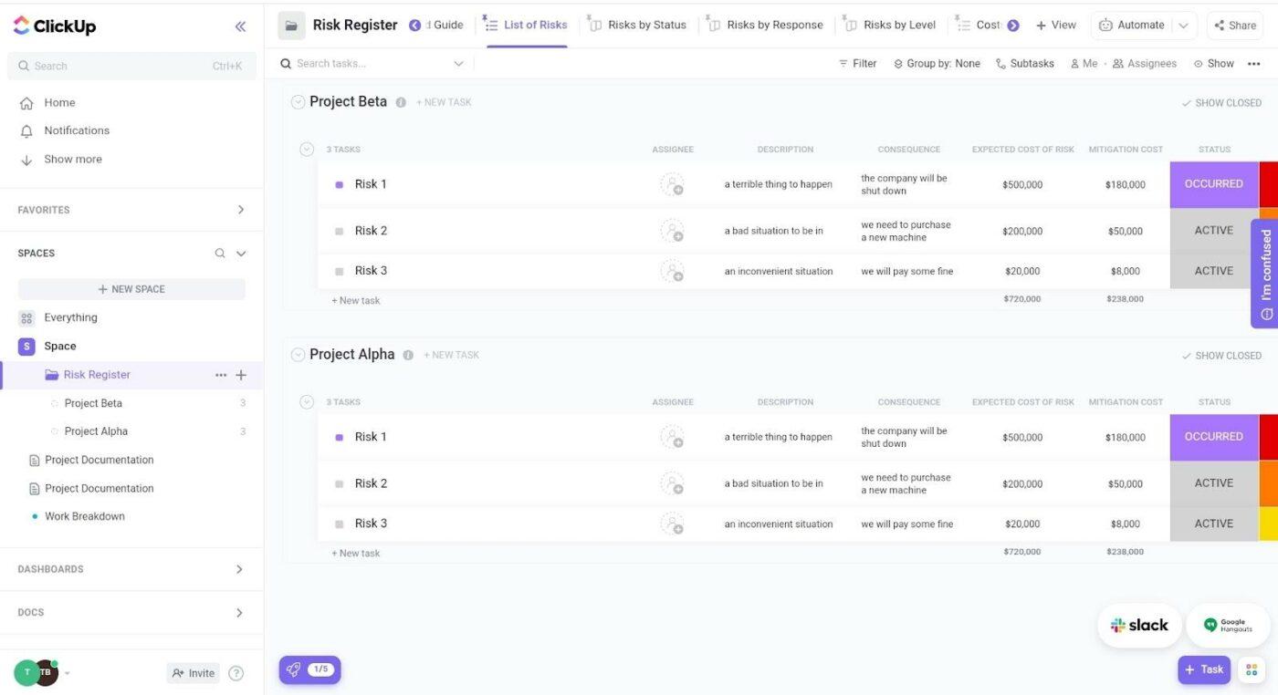 Risk register in ClickUp List view