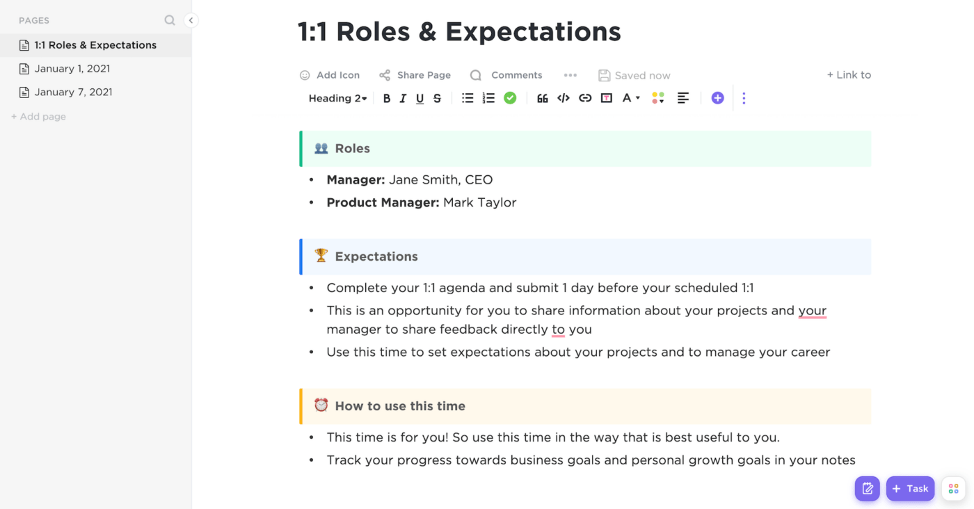 1-1 Meeting-Vorlage in ClickUp Docs