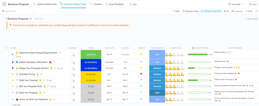 Le modèle de proposition commerciale de ClickUp est conçu pour vous aider à gérer et à organiser chaque étape du processus de proposition.  