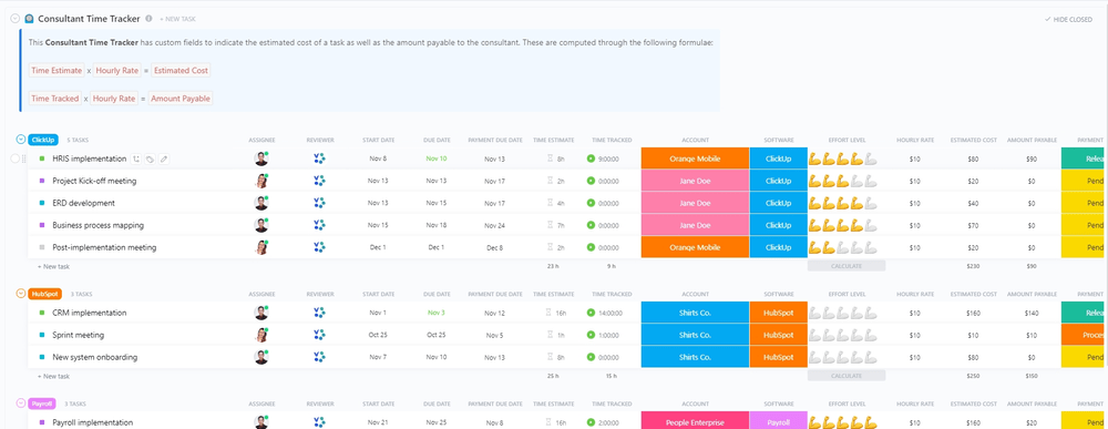 Plantilla de seguimiento del tiempo de consultores de ClickUp