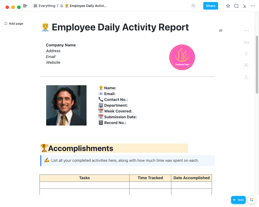 Give a boost to employee productivity with the ClickUp Employee Daily Activity Report Template