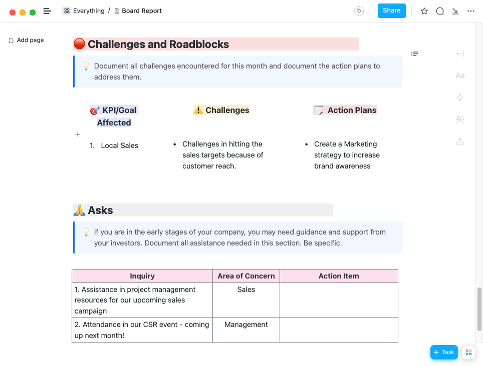 Modelo de relatório da diretoria executiva do ClickUp