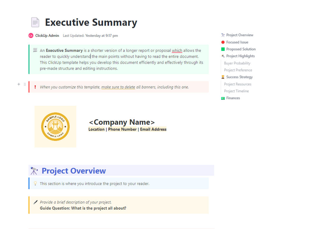 Project status report: ClickUp Executive Summary Doc Template