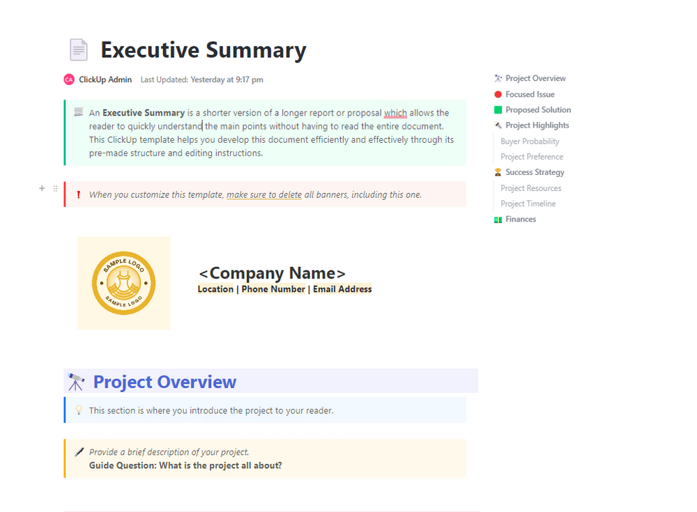 Informe sobre el estado del proyecto: Plantilla de documento de resumen ejecutivo de ClickUp