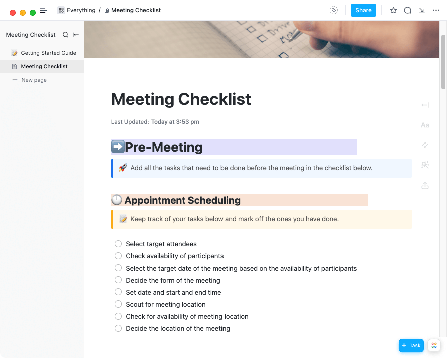 ClickUp Meeting Checklist Template