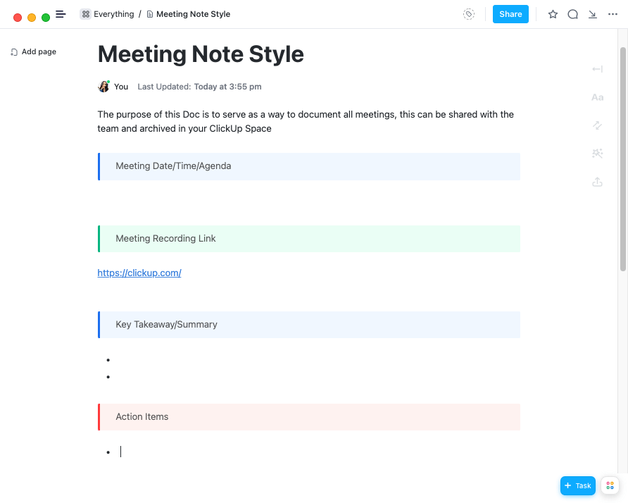 Document all event meeting notes, key takeaways, and action items with the Meeting Note Style Template created by ClickUp