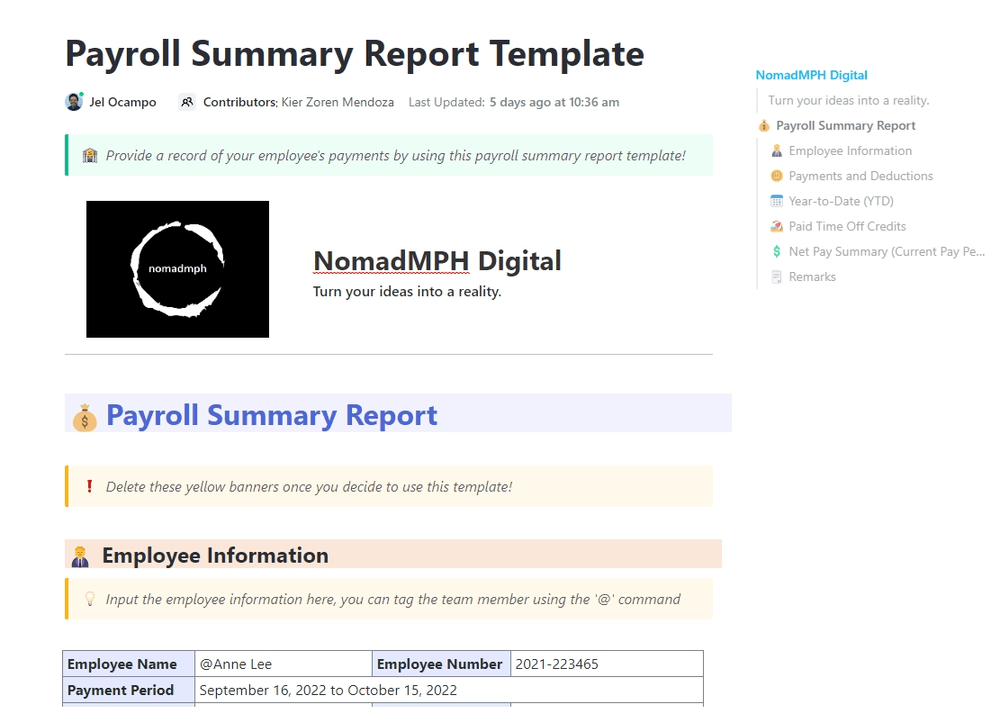 Fournissez un enregistrement des paiements de vos employés avec le modèle de rapport de récapitulation de la paie ClickUp