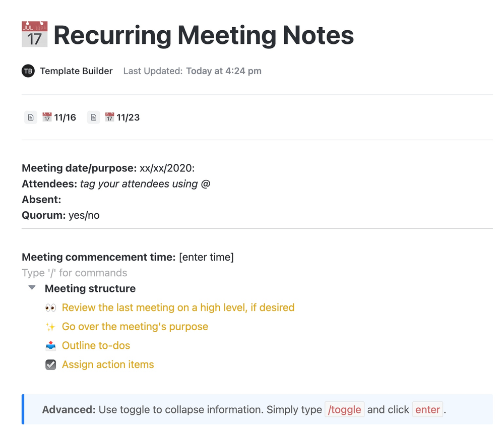Meeting notes templates: ClickUp Recurring Meeting Notes template