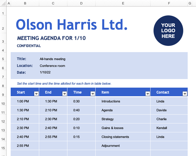 excel meeting agenda template
