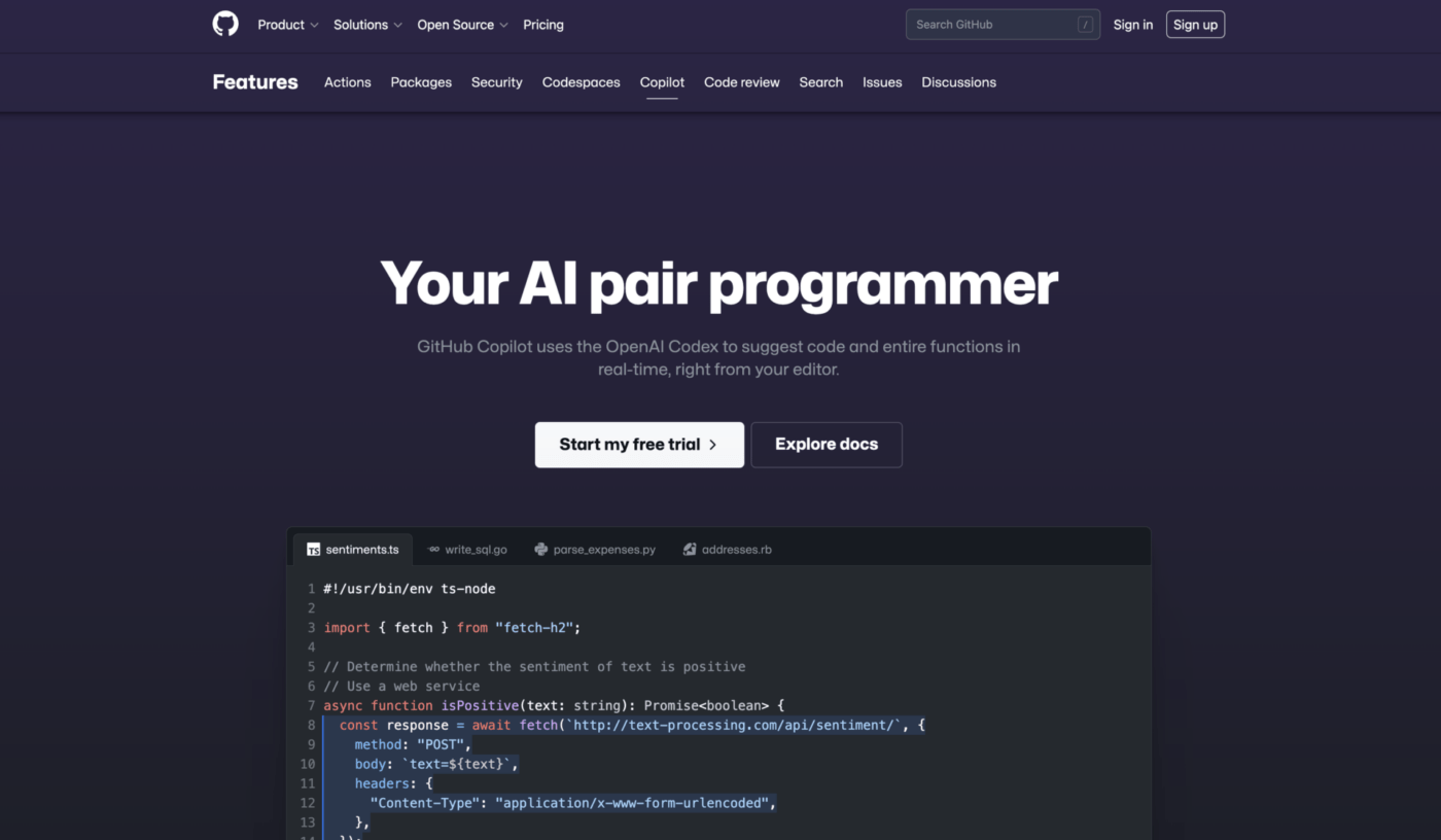 Page d'accueil de GitHub Copilot