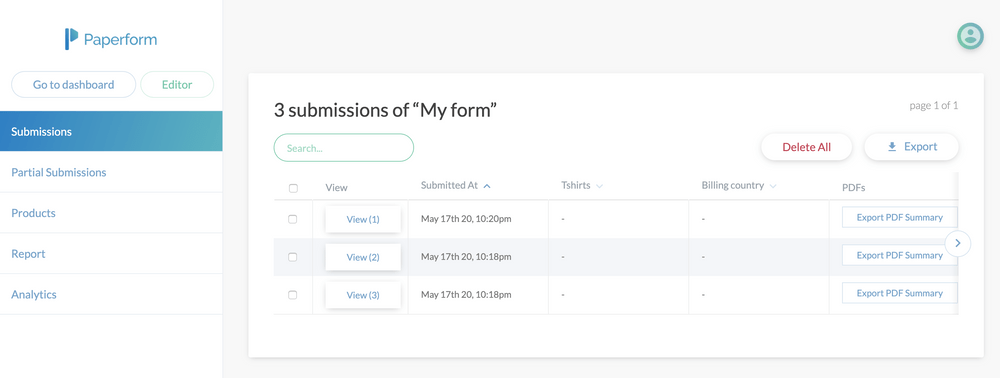 Visualización de la lista de envíos en el generador de formularios Paperform