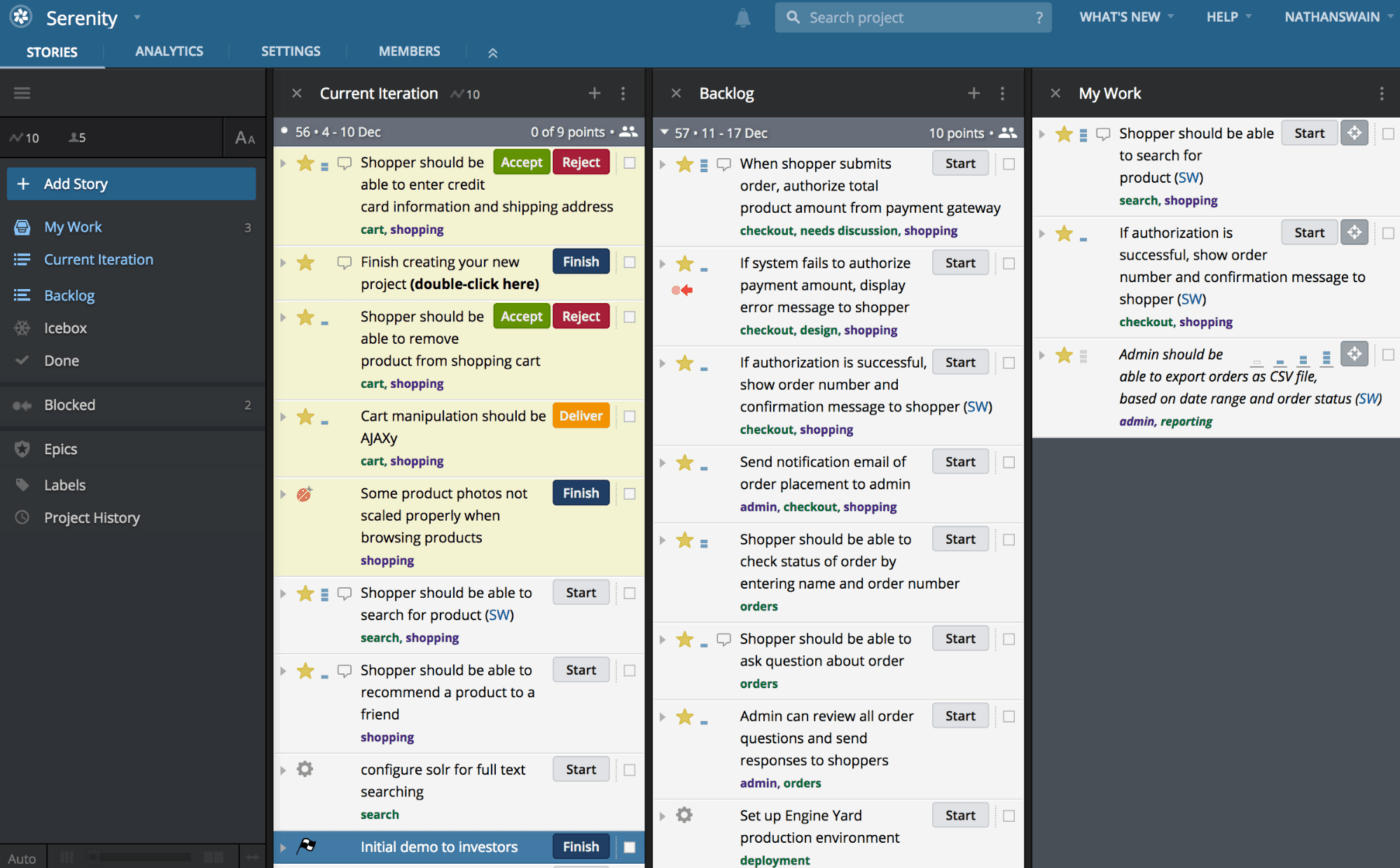 Exemplo de produto do Pivotal Tracker