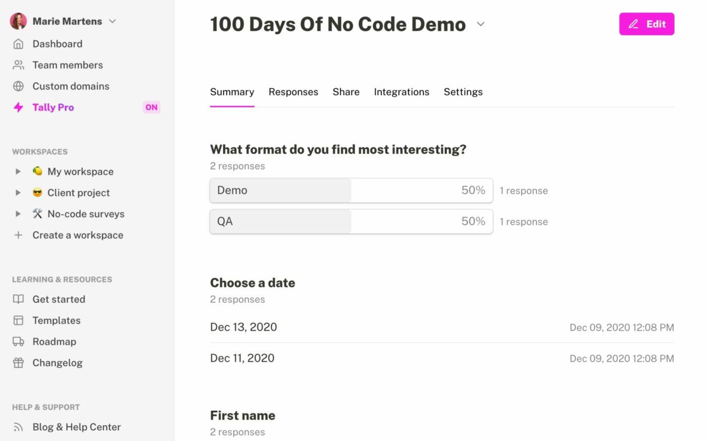 Crea tu propio formulario online y recoge cualquier tipo de datos con el creador de formularios de Tally