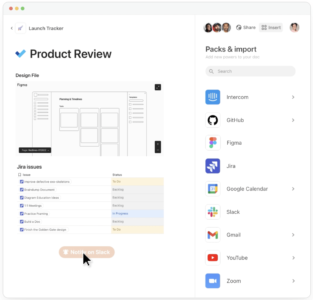 Coda 팩 및 Jira 및 Google 스프레드시트와의 통합