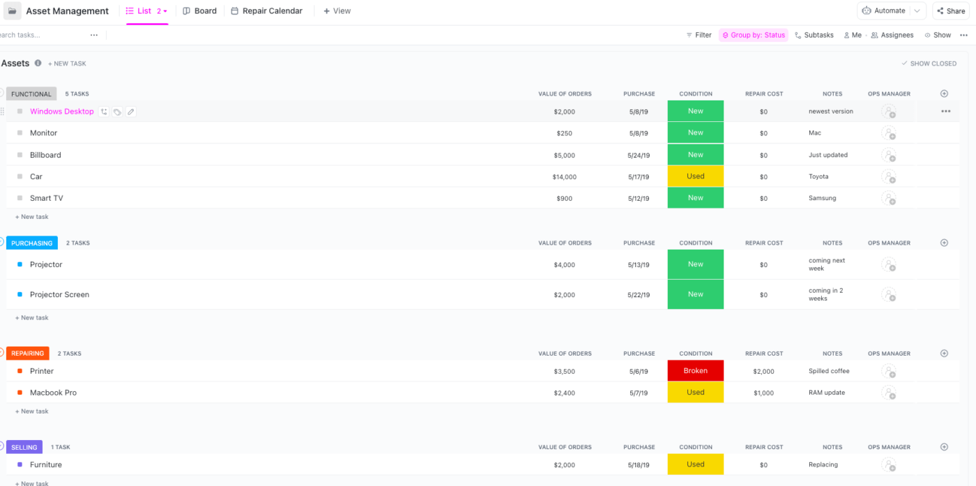 Modèle de gestion des actifs par ClickUp