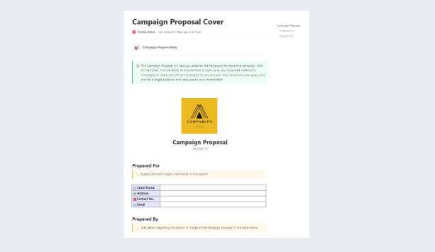 Templat Sampul Proposal Kampanye di Dokumen ClickUp