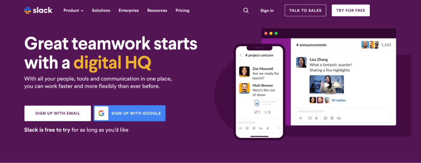 La homepage di Slack