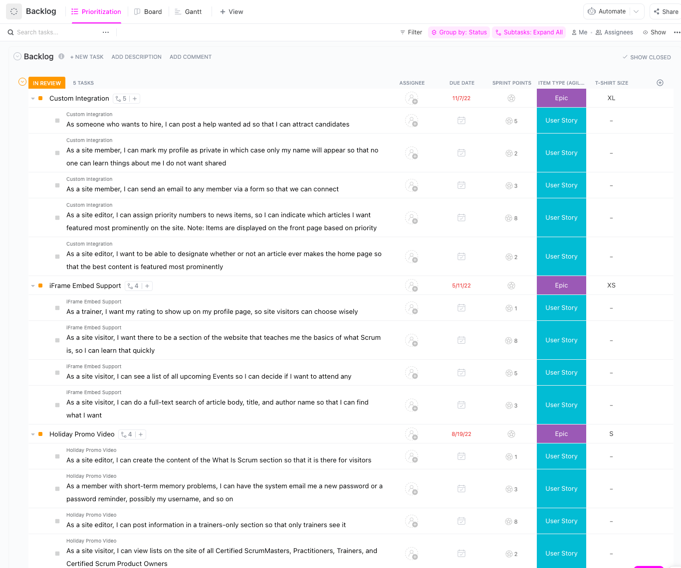 ClickUp Agile Scrum Backlog Sjabloon