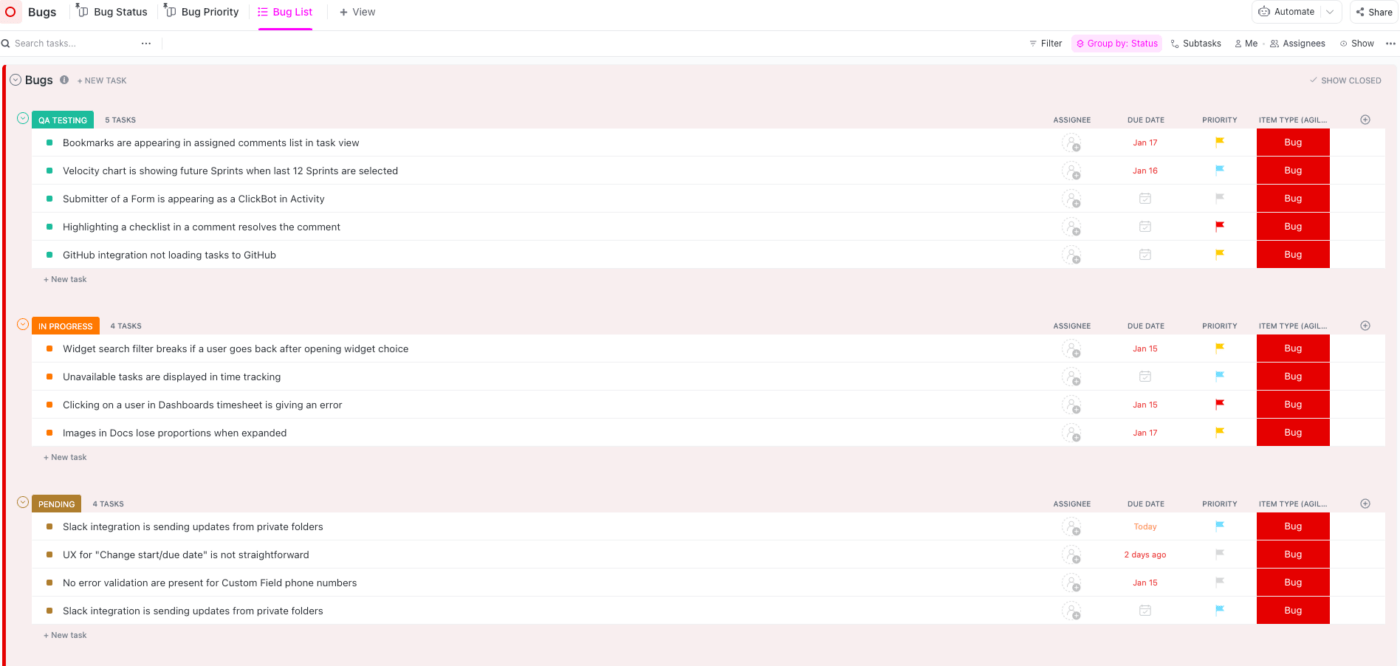 ClickUp Agile Scrum Bugs List Template (from the Agile Scrum Management Template) 