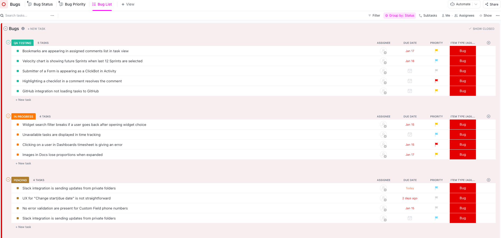 Modelo de lista de bugs do ClickUp Agile Scrum