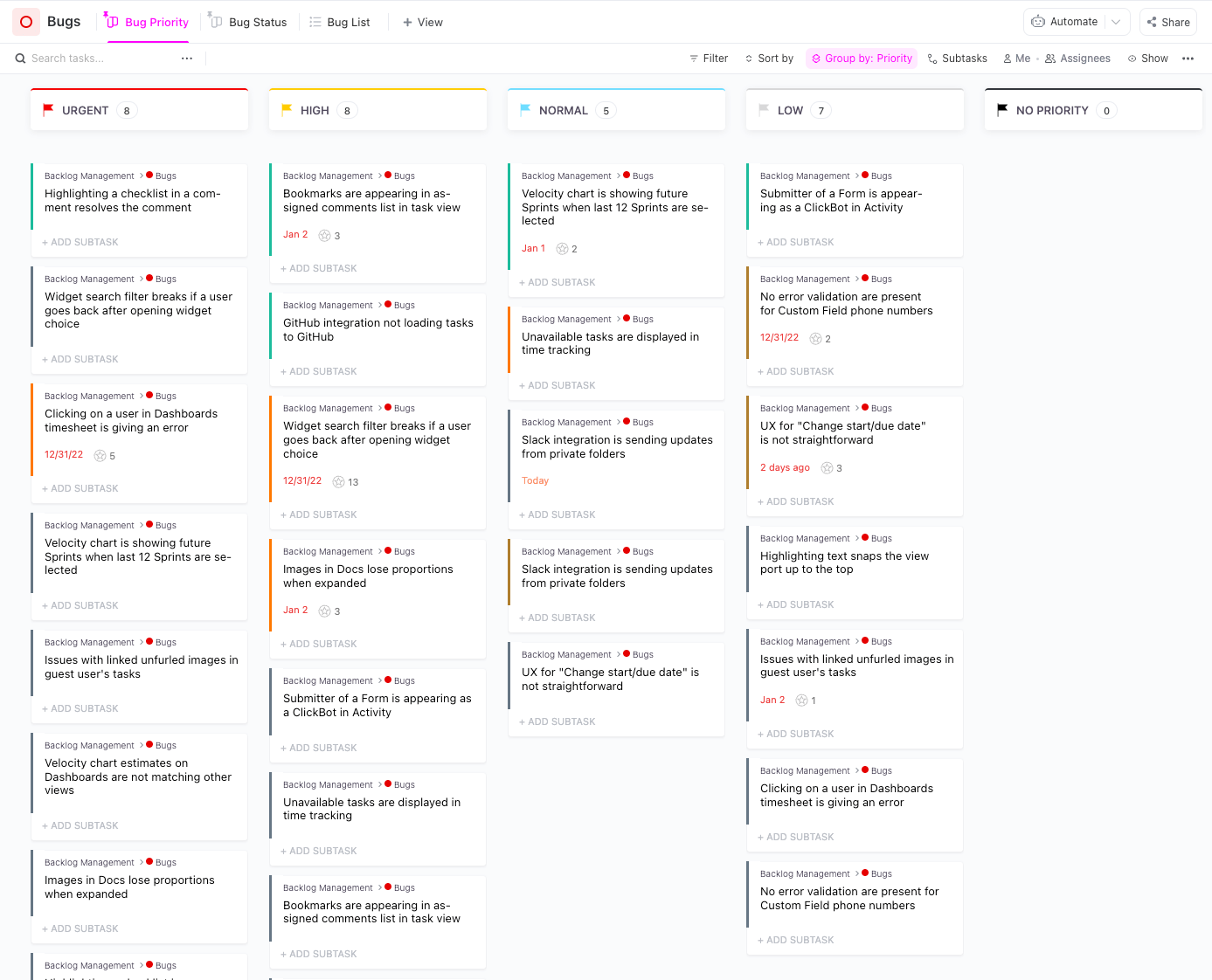 ClickUp Agile Scrum Bugs Priority Board View in the Agile Scrum Management Template