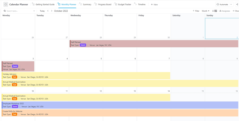 Modelo de planejador de calendário do ClickUp