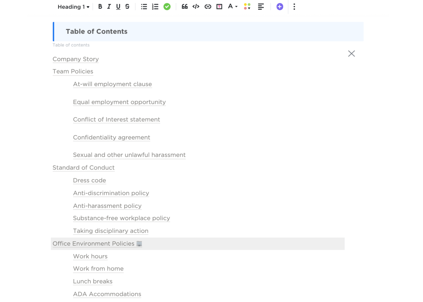 ClickUp Employee Handbook Template Table of Contents