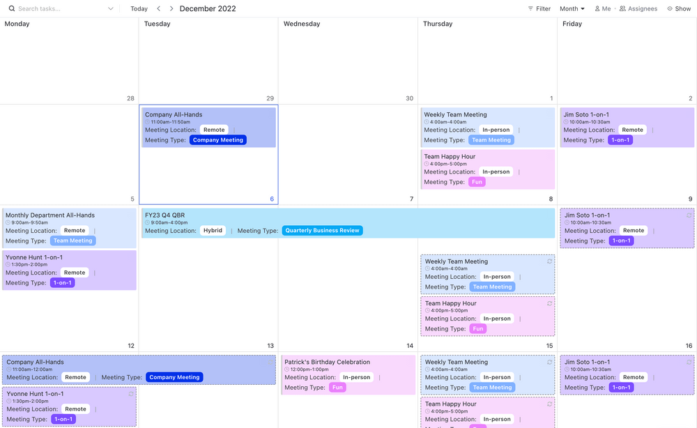 Plantilla de seguimiento de reuniones de ClickUp en vista de Calendario