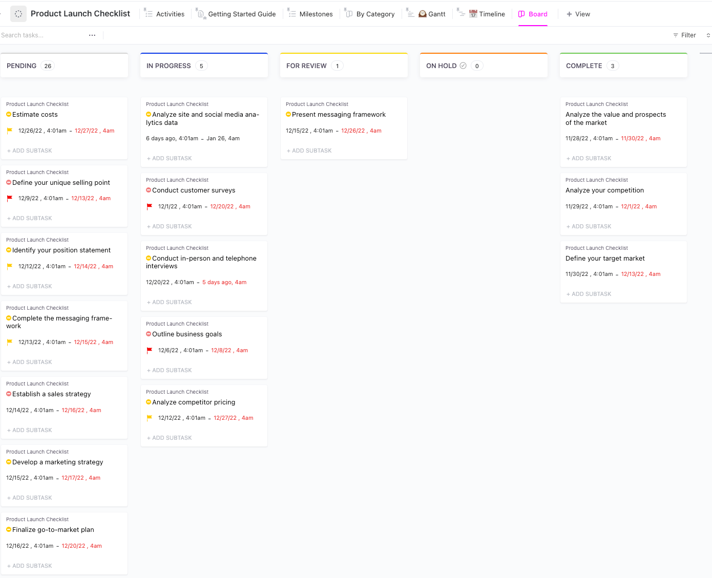 Modèle de tableau de lancement de produit ClickUp