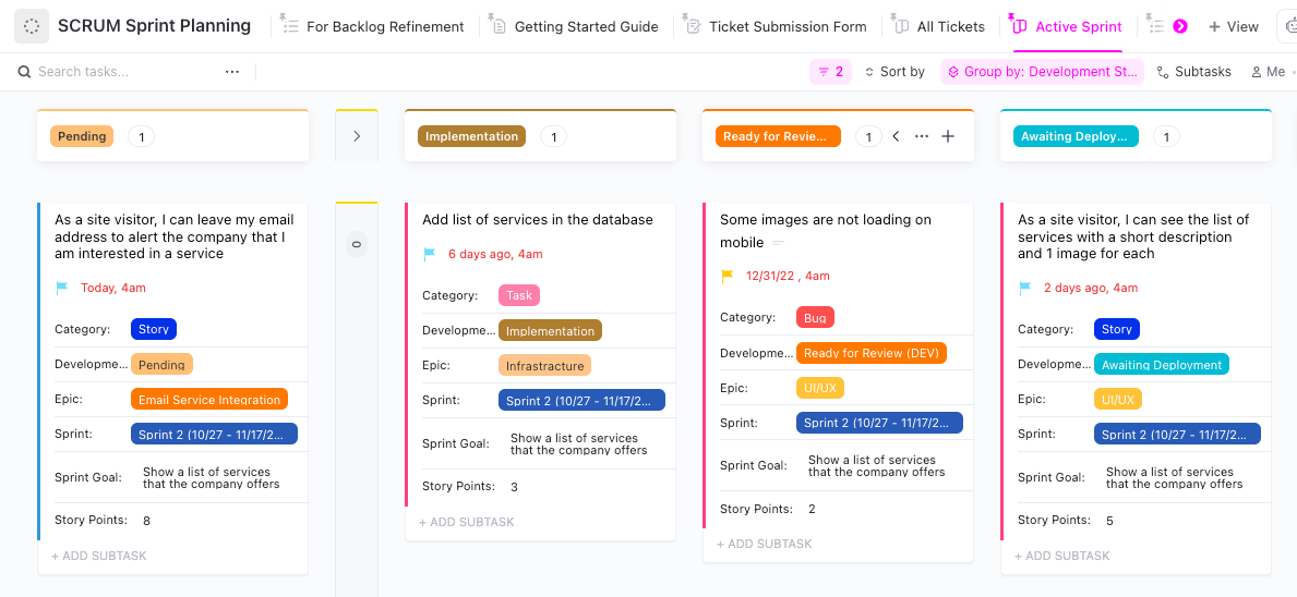 ClickUp Scrum Active Sprint View within the Scrum Sprint Planning Template 