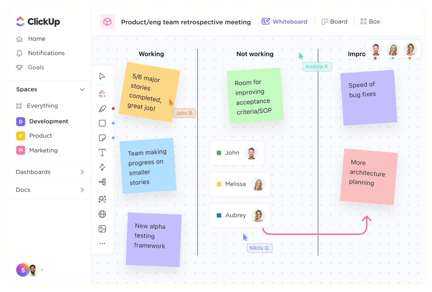 Brainstorm, plan, strategiseer en stroomlijn communicatie in realtime om projecten sneller uit te voeren met ClickUp Whiteboards