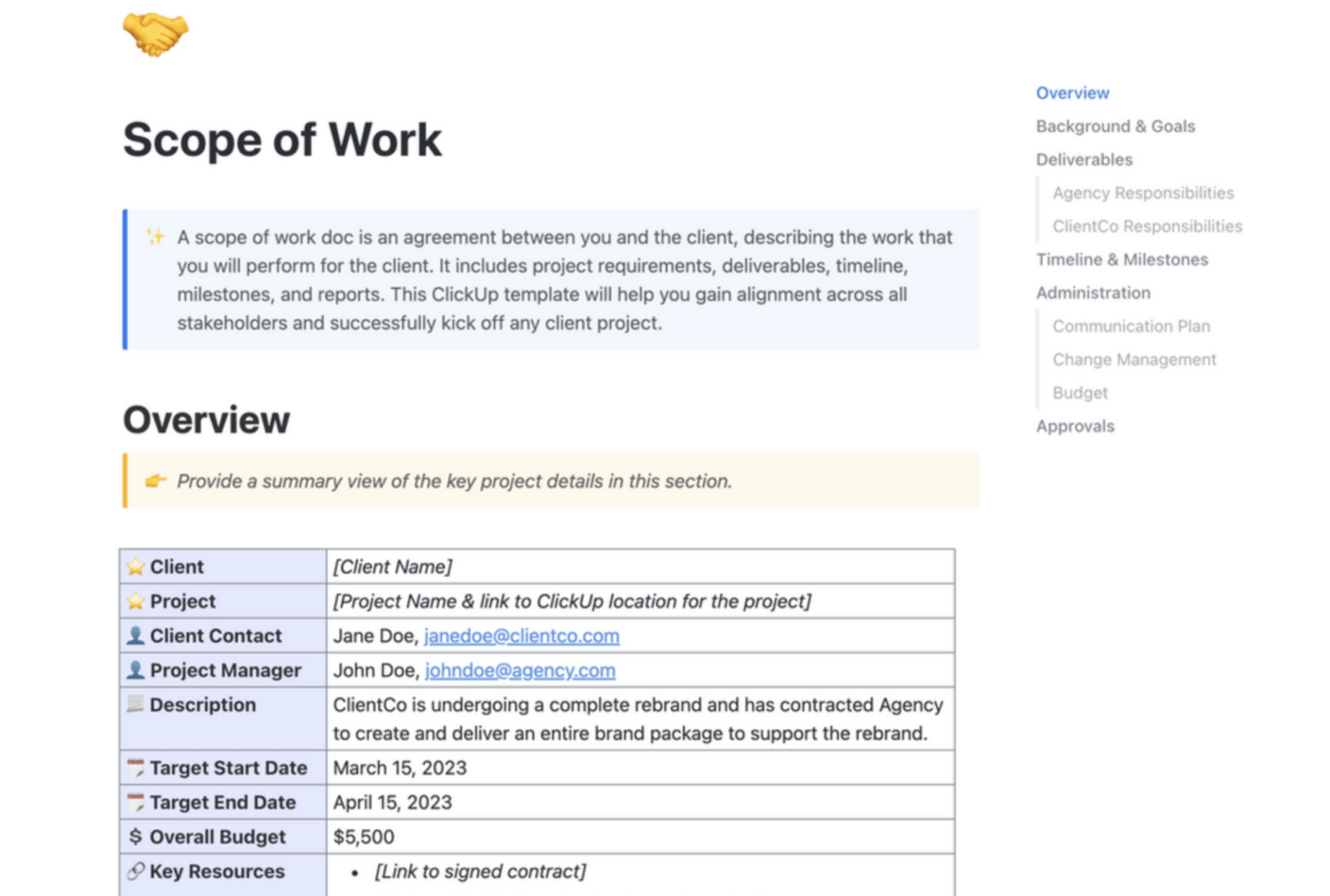 Modèle de document sur l'étendue des travaux par ClickUp