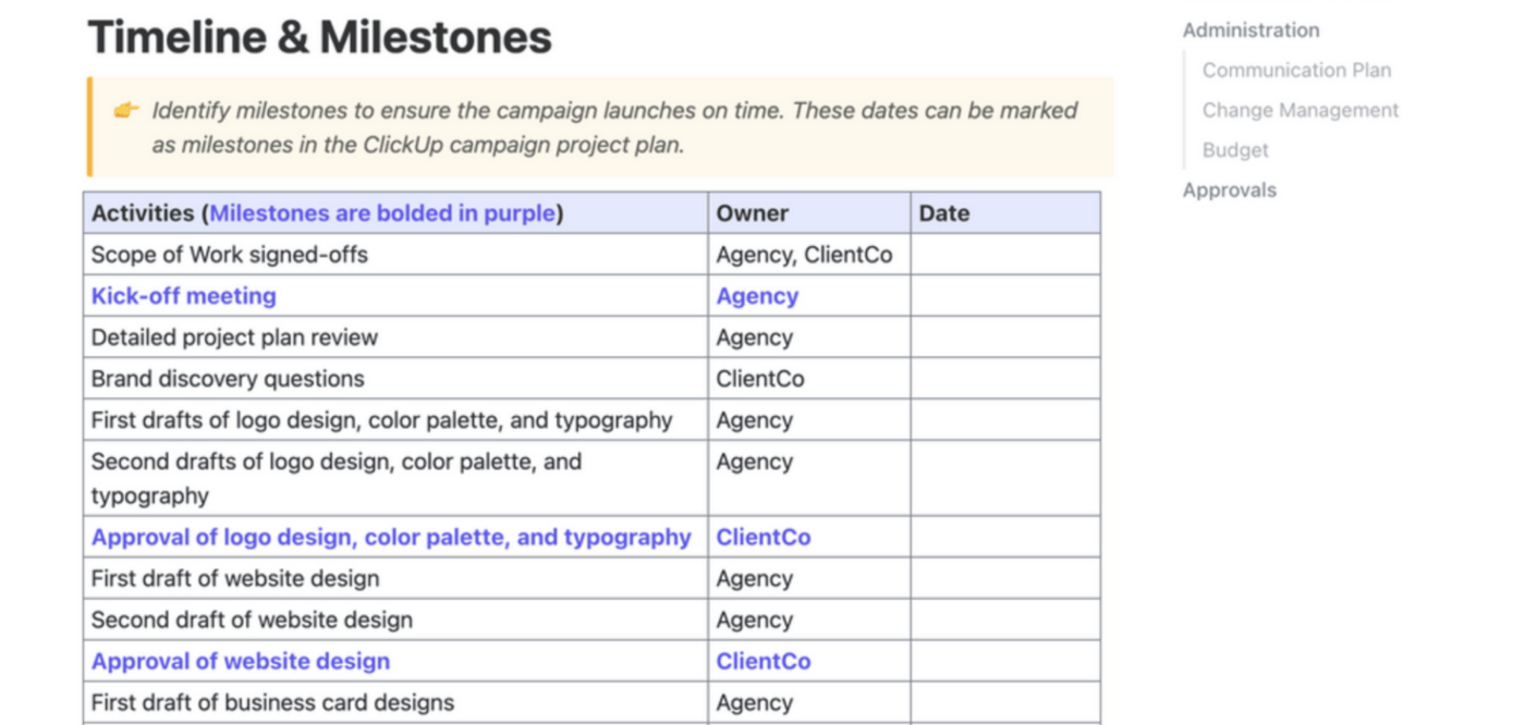 Milestone planning in ClickUp using the Scope of Work template