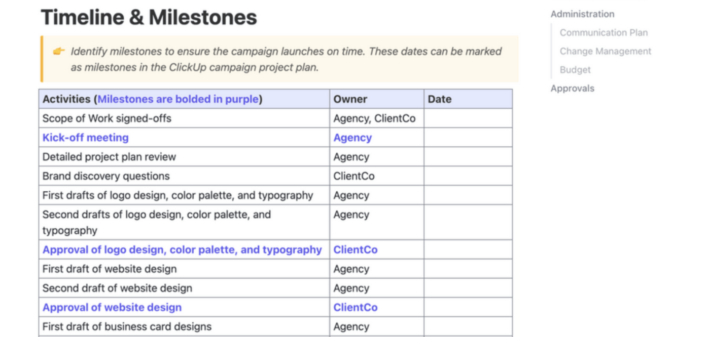 Pianificazione delle milestone in ClickUp utilizzando il modello di Scope of Work