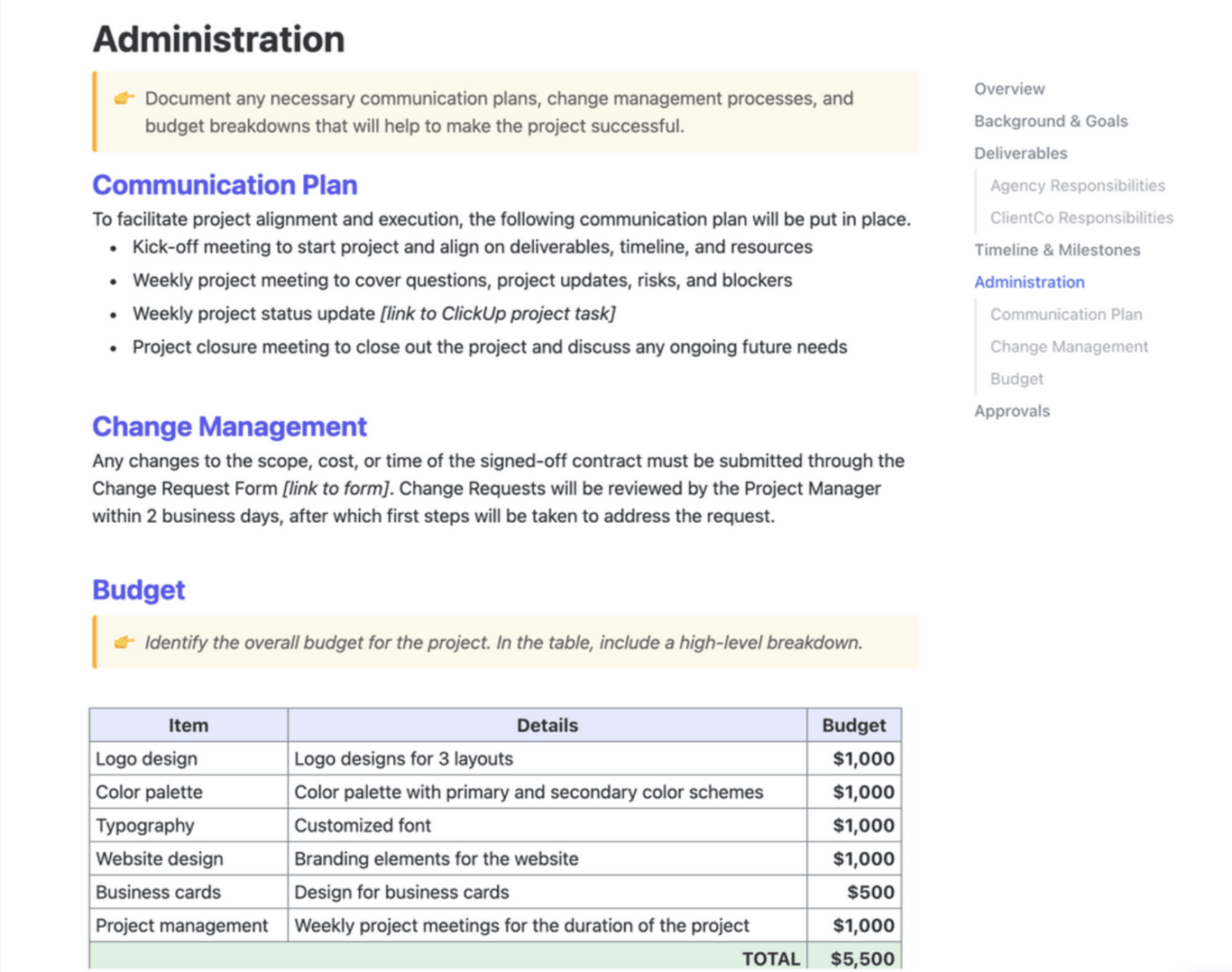 scope creep voorkomen met een wijzigingsbeheerproces ClickUp Doc