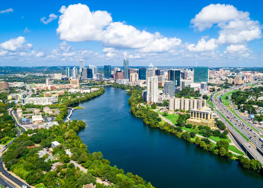 Aerial view of Austin and river