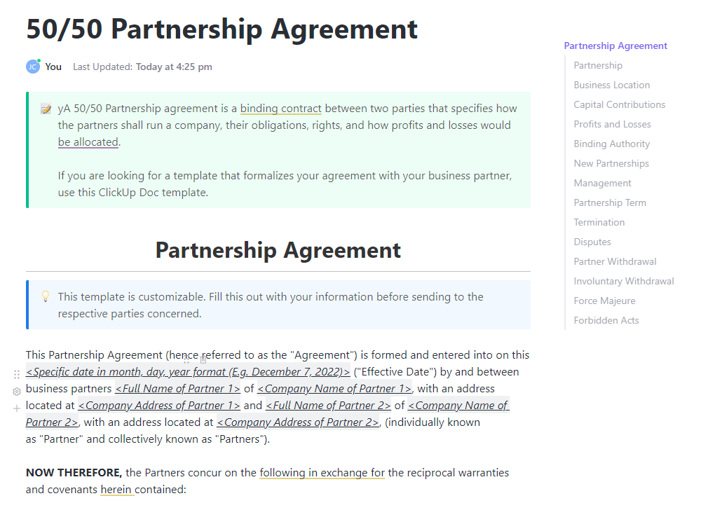 50/50 partnership agreement template