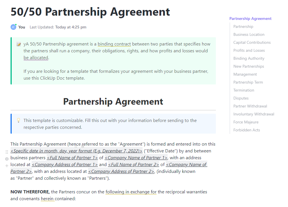 Collaboration agreement templates: ClickUp's 50/50 Partnership Template