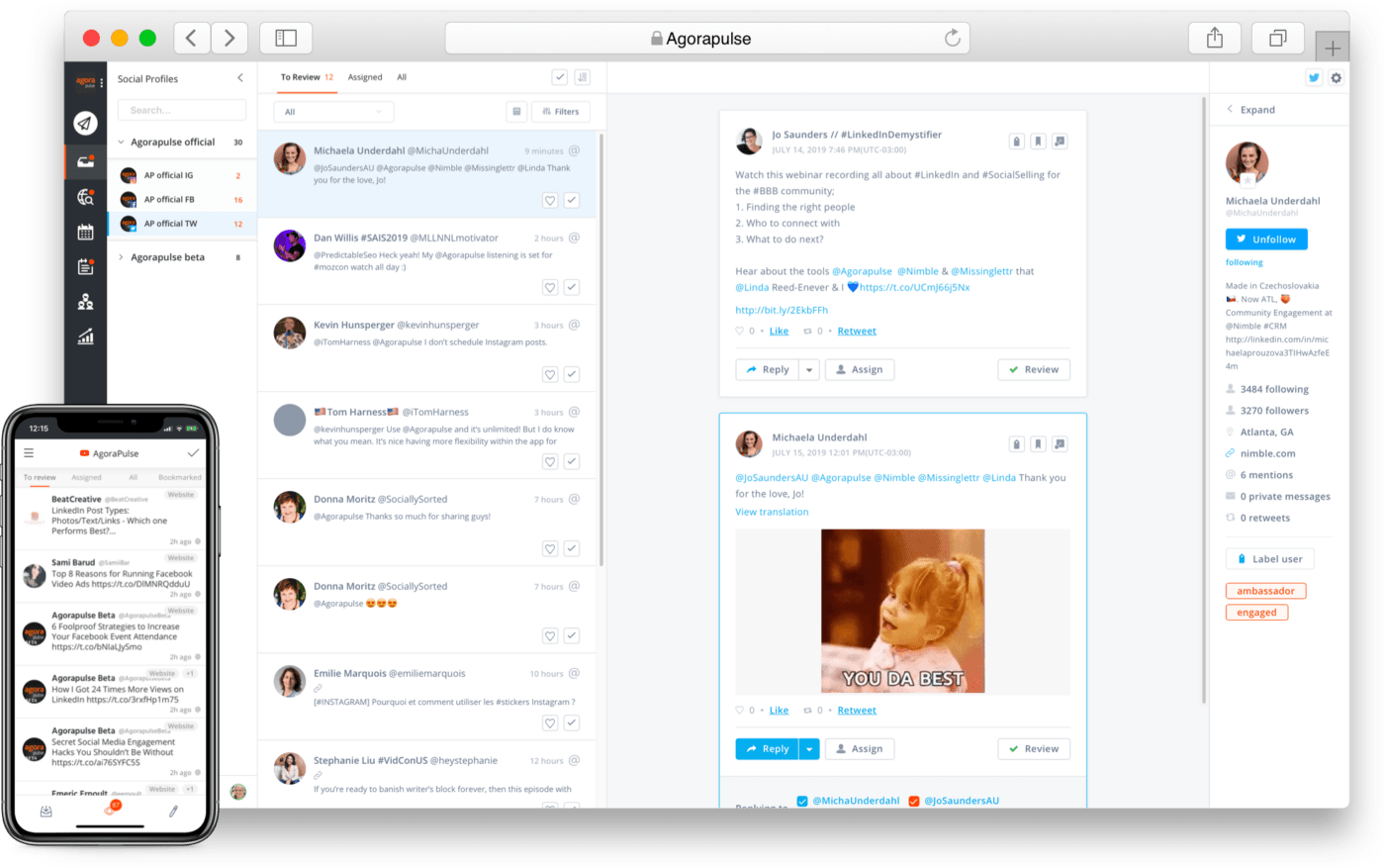 Twitter’s social profile in Agorapulse’s desktop view and Agorapulse's mobile view