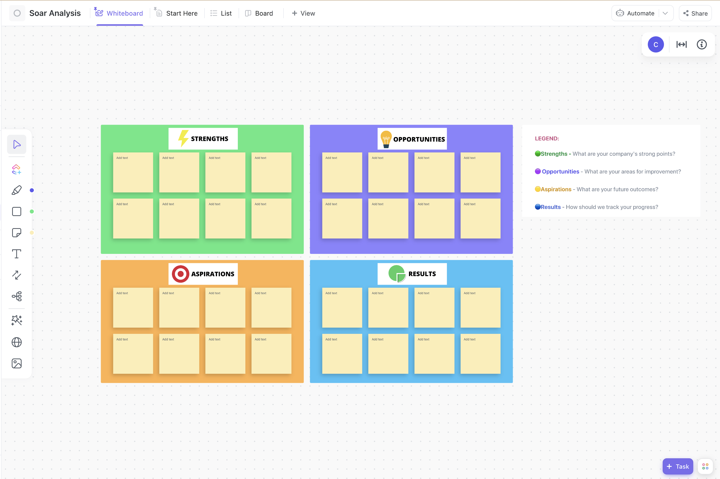 ClickUp's SOAR-analysesjabloon SOAR-analyse wordt gebruikt om de sterke punten, kansen, ambities en resultaten van een organisatie te identificeren