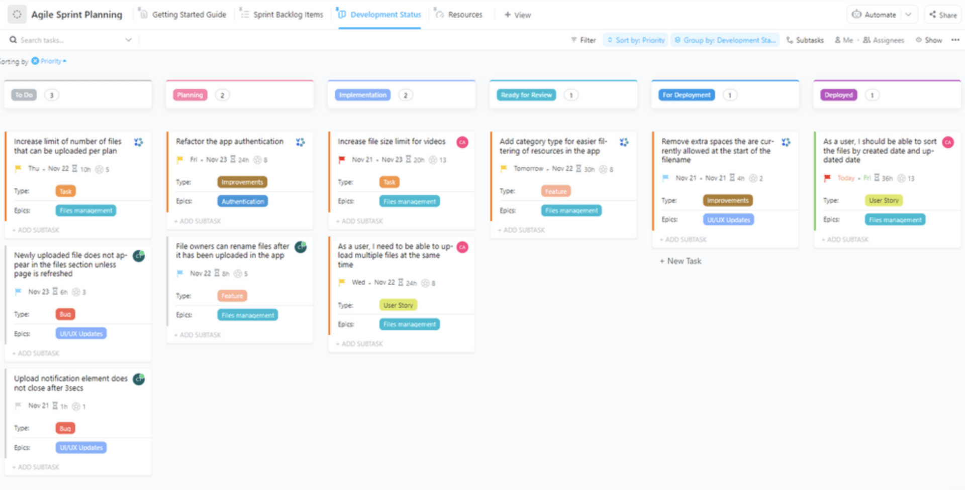 Planuj, śledź postępy i zarządzaj zasobami podczas planowania sprintu, korzystając z szablonu Agile Sprint Planning firmy ClickUp