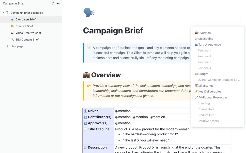 Create your campaign brief with ClickUp Docs