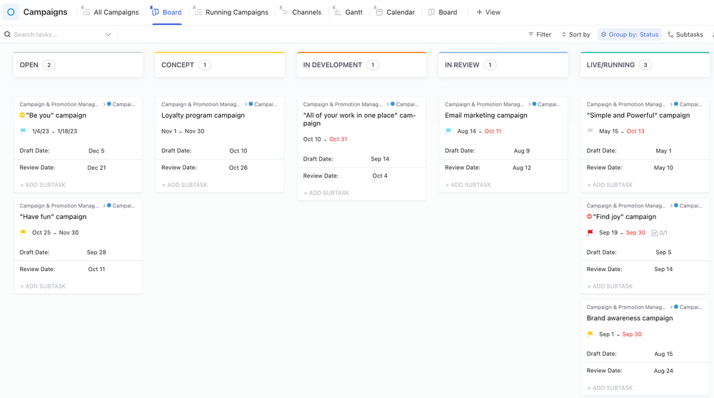 Tampilan Kanban Templat Manajemen Kampanye dan Promosi ClickUp