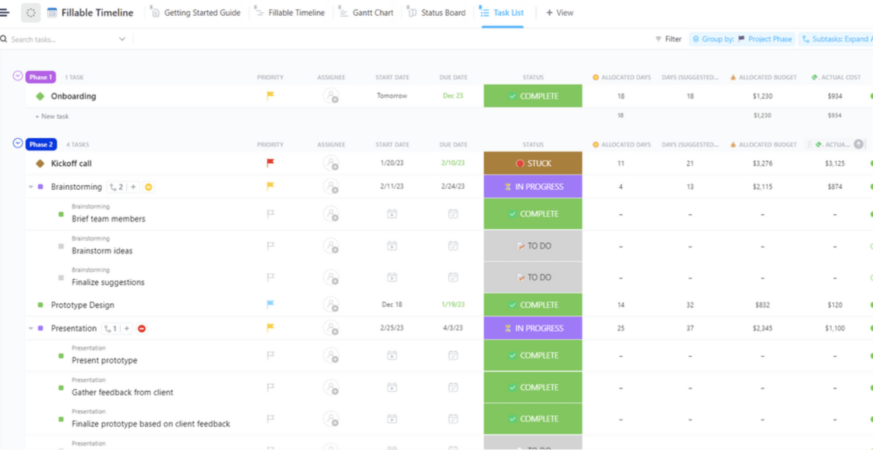 Crie uma linha do tempo do projeto usando uma lista ClickUp neste modelo simples e preenchível