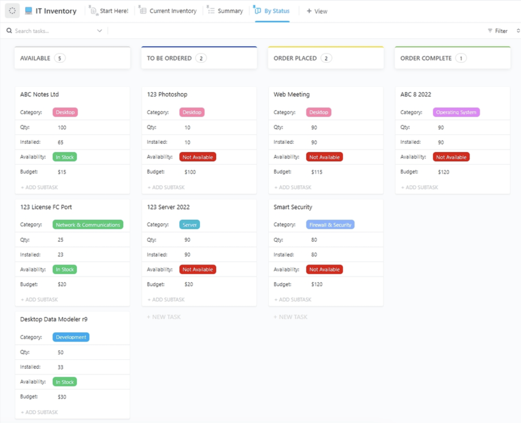 Organize excess inventory with a drag-and-drop ClickUp Board