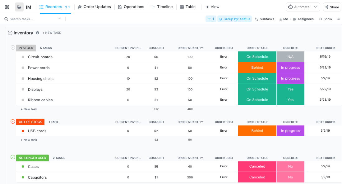 Volg de voorraadprestaties in real-time met ClickUp