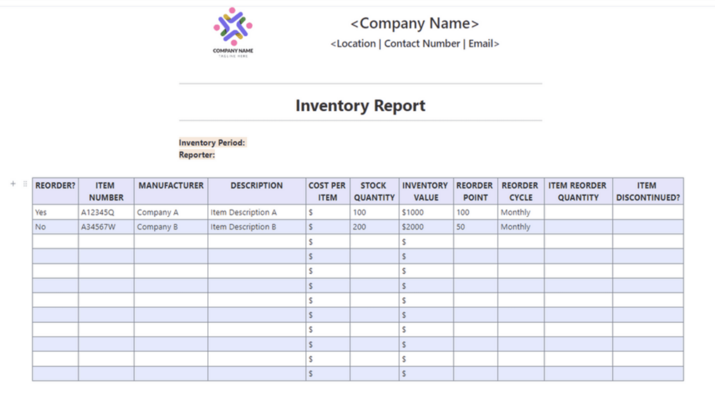 ClickUp Inventory Report Template